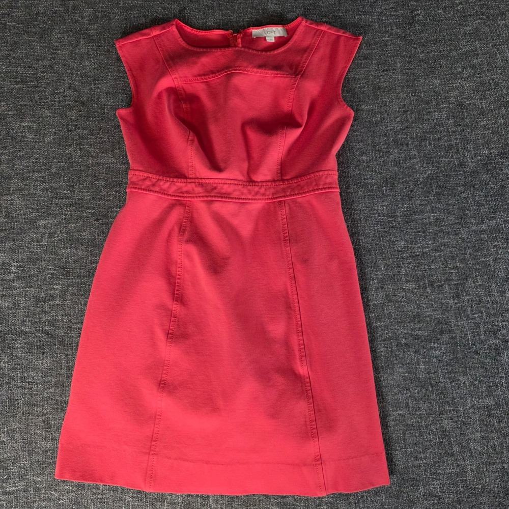 LOFT Women Coral Red Ponte Sheath Dress Cap Sleeve Career Stretch Size 2